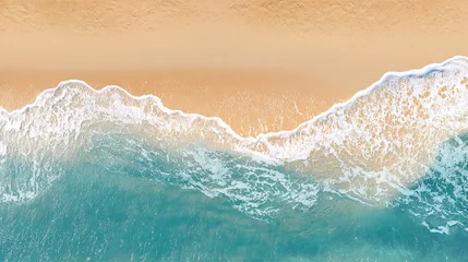 Selbstklebende Fototapeten Edge of ocean waves on empty white background with sand and blue water, top-down view of beach and sea, high-definition, high-resolution, capturing nature's pure beauty and serene atmosphere. © TAO