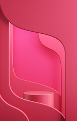 Red or Magenta modern luxury curved flowing shape and circle pedestal arch studio backdrop. Glossy, reflection product display stand. Platform podium ad fashion cosmetics skincare. 3D Illustration.