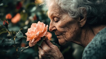 Senior woman smelling a rose