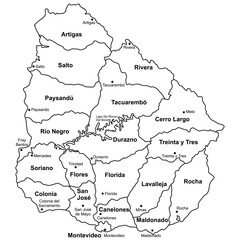Editable Vector Map of Uruguay with Labeled Regions Black and White Outline Border Isolated on White Background EPS Illustration for Educational Use