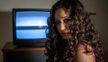 Silent Screen Vigil: In a dimly lit room, a captivating individual gazes directly at the viewer, framed against a retro television displaying static. The scene evokes a sense of intrigue.