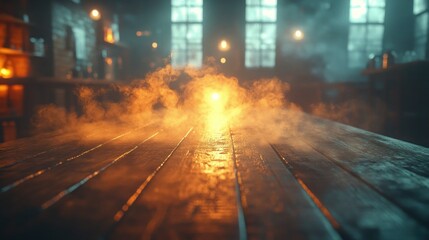 Dark, smoky, vintage interior scene with wooden table
