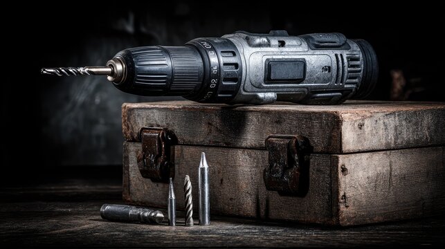 High-Quality Close-Up of a Modern Electric Drill Resting on an Old Wooden Box with Metal Accessories and a Dark Background for Industrial and DIY Projects