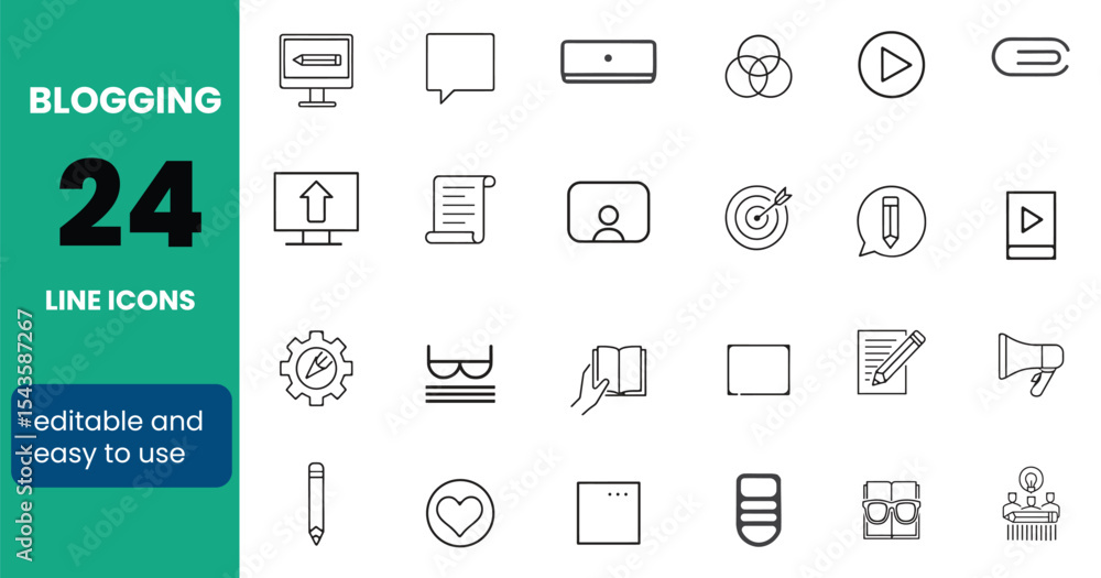 Aufkleber blogging line editable icons set. vector illustration in modern and attractive thin line style of on