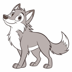 Cute cartoon wolf standing and looking upward with innocent expression