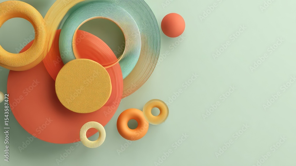 Poster vibrant abstract composition featuring circular shapes and fluid lines in orange and teal tones agai