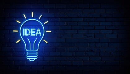 Illuminating Innovation: A vibrant neon light, shaped like a light bulb and bearing the inscription "IDEA", glows against a dark brick wall, creating a powerful visual of inspiration, creativity.