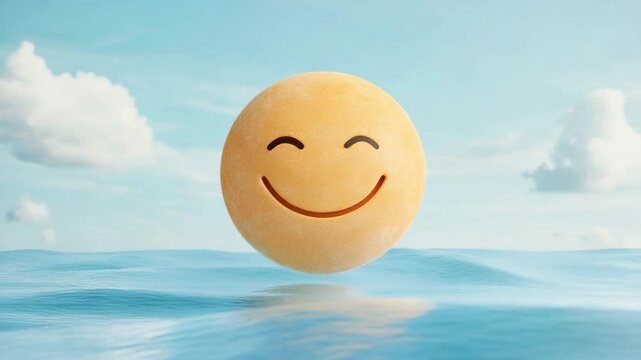 Floating emoji concept Smiley face floating on ocean for happiness and wellness content in cheerful blue sky optimistic lifestyle visual