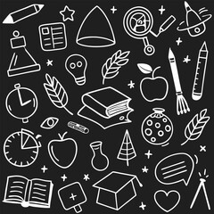 Education and science doodle seamless pattern on black background vector illustration