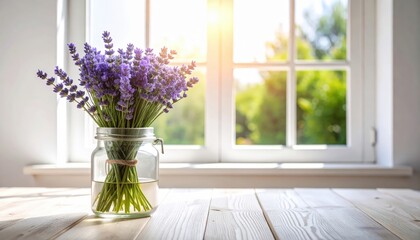 Lavender Bouquet by the Window: A vibrant lavender bouquet in a glass jar sits on a rustic wooden surface, with a sunlit window in the backdrop, creating an inviting and calming atmosphere.