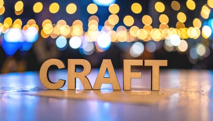 Crafts: Wooden letters spelling "Craft" on a reflective surface with a blurred background of warm lights, evoking creativity and handmade artistry.