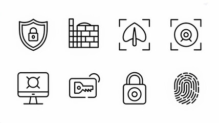 Security icons set for data protection and network safety with shield firewall and fingerprint scan 