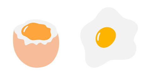 Hand Drawn Soft Egg with liquid yolk Partially Peeled and Fried Egg Food Cards Design elements Set