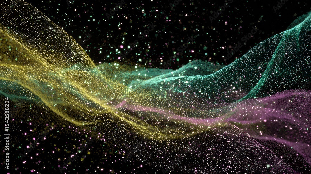 Poster abstract colorful waves of light with sparkling stars in a dark space background for a cosmic or sci