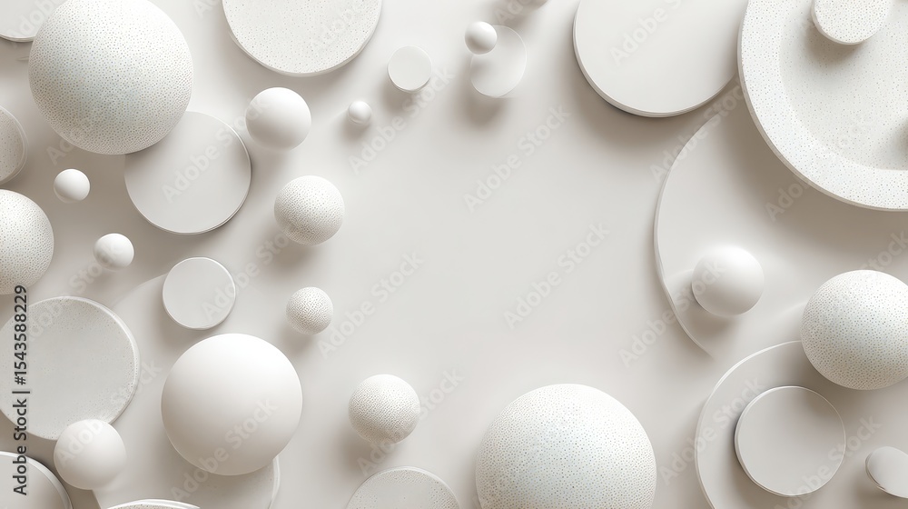 Poster abstract composition of various white geometric shapes including spheres and circles creating a mode