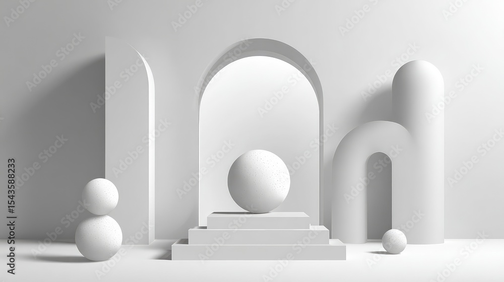 Poster abstract minimalist composition featuring geometric shapes and soft lighting in a monochromatic whit