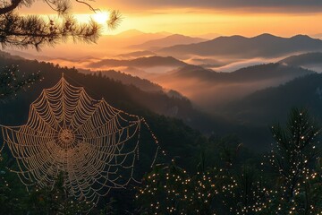 Sunrise over misty mountains, a giant spiderweb glistening with dew, creating a magical scene.