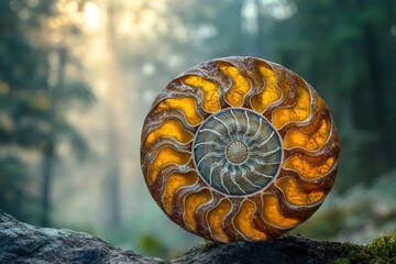 A mesmerizing ammonite fossil, a spiral of time and nature's artistry, rests on a forest rock.
