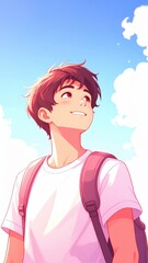 Young man's Dream: A young man looks up at the beautiful sky with a bag pack on his back. The image of the handsome young man embodies youthfulness, hopes and dreams.