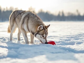 Naklejka premium Husky dog sniffing a red bowl in snowy landscape