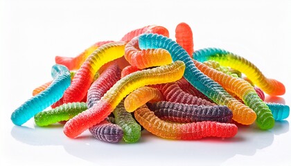 colorful pile of rainbow sour gummy worms isolated on white background
