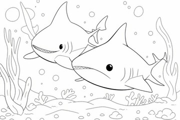 Obraz premium Simple black and white coloring page of two baby sharks swimming underwater with bubbles in ocean for kids