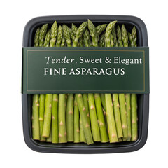 Fresh green asparagus in a black plastic container with a label. The asparagus is vibrant and neatly arranged, showcasing its quality and freshness.