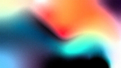 Vibrant rainbow, orange blue teal white psychedelic grainy gradient color flow wave on black background, music cover dance party poster design.