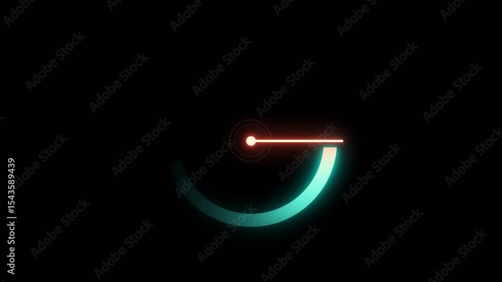 Poster futuristic loading animation with teal arc and red indicator on black background.alpha chanel.4k vid