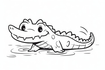 Cute simple black-and-white line drawing of a cartoon crocodile with head out of water on white background