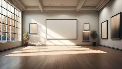 minimalist art gallery space with empty frames and natural light streaming through large windows generative ai