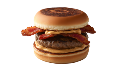 A close up of a burger with bacon and sauce on a black background on transparent background png