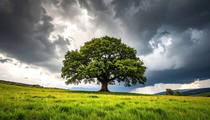 Lone Oak Tree Amidst Storm: A majestic oak tree stands alone in a vibrant green field under a dramatic sky filled with dark storm clouds, capturing the resilience and beauty of nature.
