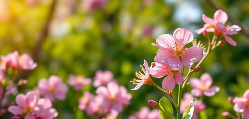 Obraz premium Vibrant spring blossoms in soft sunlight, lush green background, floral, rose