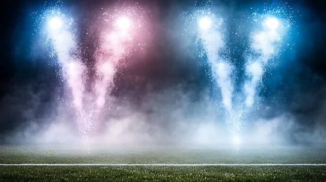 Exciting neon-themed football event stadium digital art nighttime dynamic view celebration