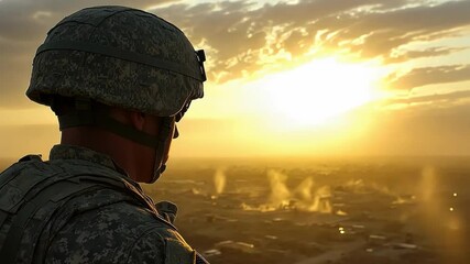 A soldier gazes at a sunset, reflecting on duty and sacrifice.