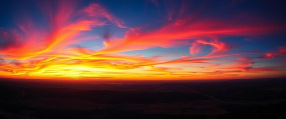 Fototapeta premium Vibrant panorama of a breathtaking sunset sky, fiery hues across the horizon, colors, awesome