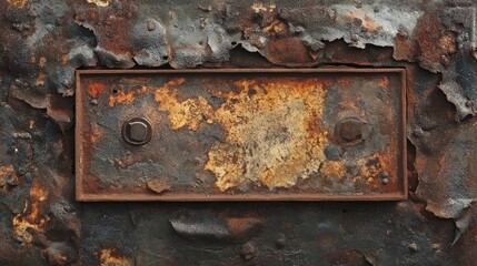 Rusty Rectangular Metal Plate on Corroded Surface