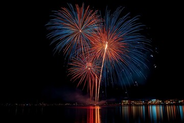 Spectacular night sky erupts with vibrant red and blue fireworks, reflecting beautifully over calm water, celebrating festive events and grand celebrations.
