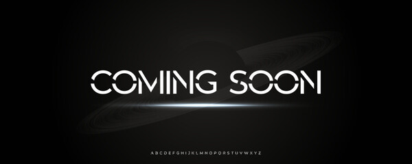 Futuristic Coming Soon Typography with Saturn Planet Rings, Ideal for Movie Trailers, Tech Forums, or Design Conferences. Modern Robotic Space Alphabet. Vector Illustration.