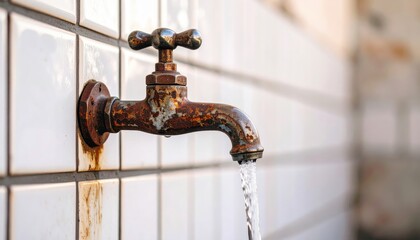 Rusty Faucet Dripping Water: A close-up shot of an old, rusty faucet mounted on a tiled wall with water dripping steadily from its spout.