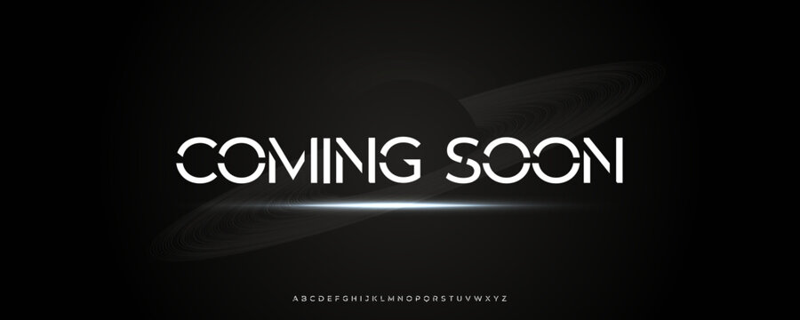 Futuristic Coming Soon Typography with Saturn Planet Rings, Ideal for Movie Trailers, Tech Forums, or Design Conferences. Modern Robotic Space Alphabet. Vector Illustration.