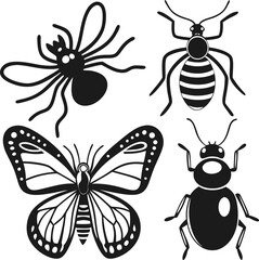 Collection of black and white insect silhouettes butterfly ant spider beetle illustration