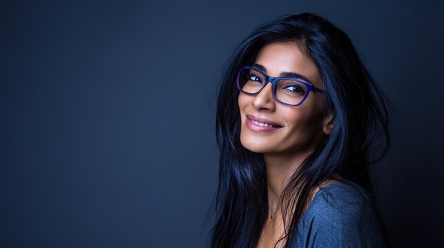 Confident, smiling, young woman in casual attire, dark blue background, personal brand photo, professional portrait reflecting personality.