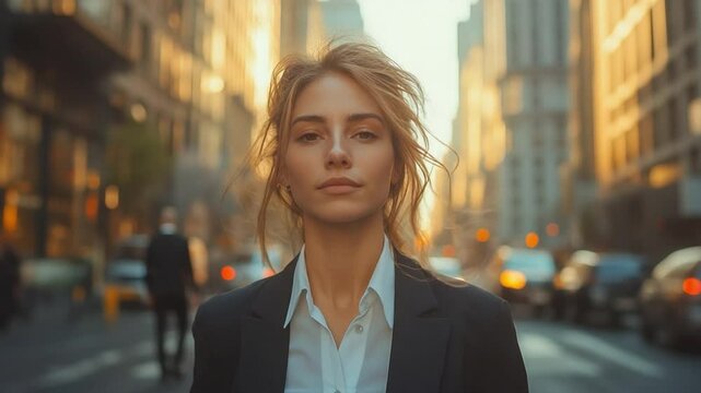 Confident Woman in City: A young woman exudes confidence and poise as she stands on a city street, her gaze directly meeting the viewer's. The urban backdrop is subtly blurred.