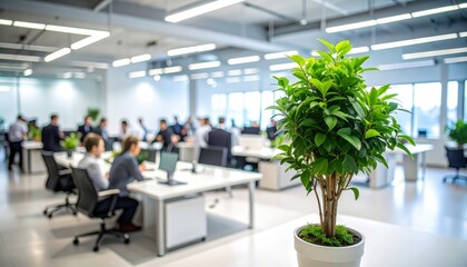Thriving Office: An inspiring view of a modern, bustling office interior, seamlessly blending productivity with natural elements, capturing the harmony of work and well-being.