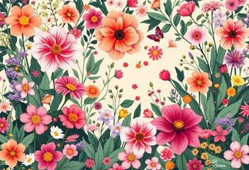 Whimsical garden, vibrant blooms, delicate stylized foliage, botanical pattern, floral background,  illustration,  card