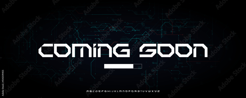 Poster techno coming soon typography with digital loading bar and circuit board background, ideal for movie