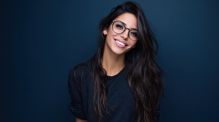 Confident, smiling, young woman in casual attire, dark blue background, personal brand photo, professional portrait reflecting personality.