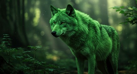 Fototapeta premium Mystical green wolf standing in a dark forest, evoking fantasy and nature